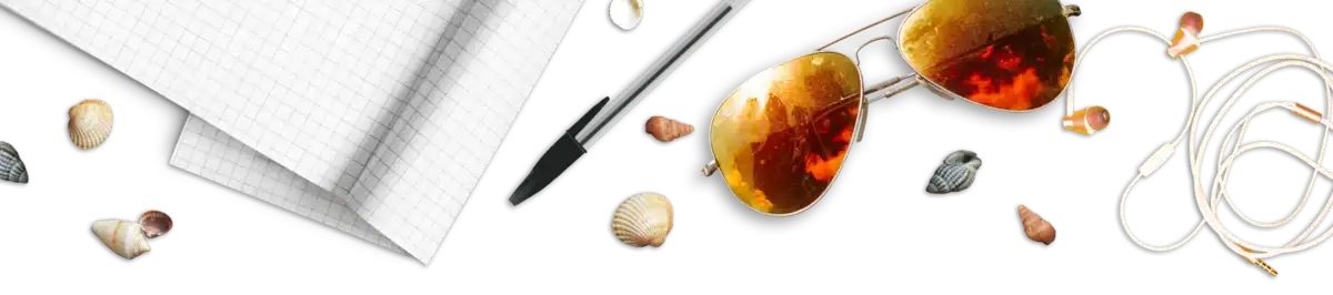 Seashells, sunglasses, earphones, a notebook and pen