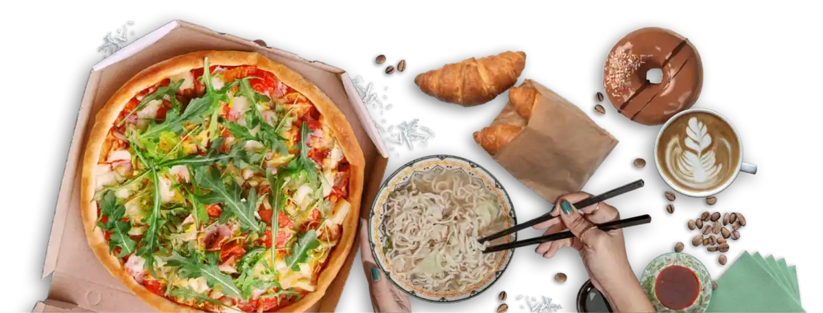 A feast with pizza, noodles, croissants, a donut, coffee