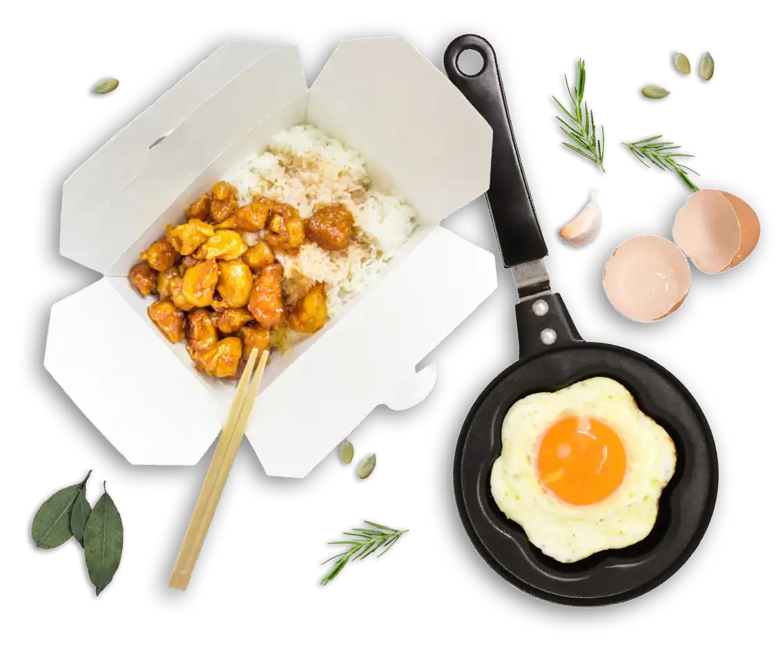 A spread featuring a takeout box, cooking items, ingredients, and a pan