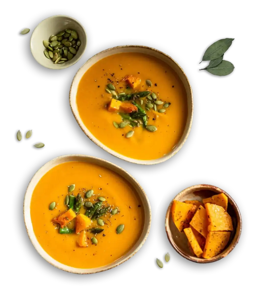 Bowls of pumpkin soup surrounded by some ingredients